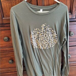 Green Long Sleeve Shirt with Leopard Pumpkin Design